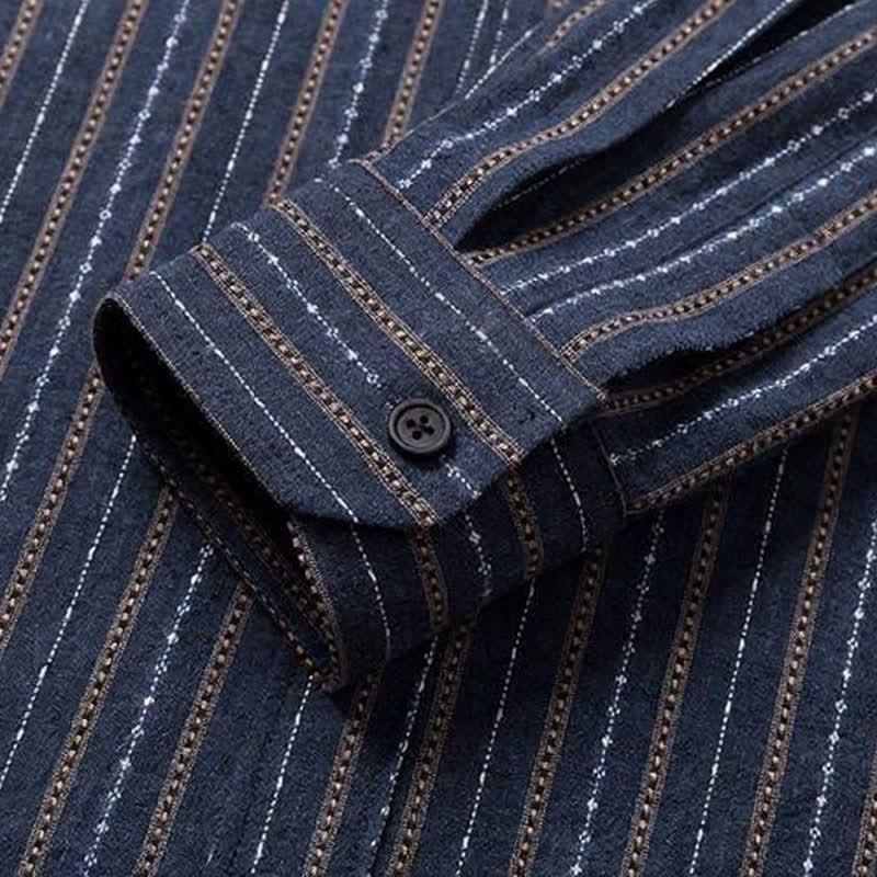 Buddha Stones Camisa de manga larga para hombre de algodón a rayas, estilo casual vintage, con botones y bolsillo de parche. - image 6