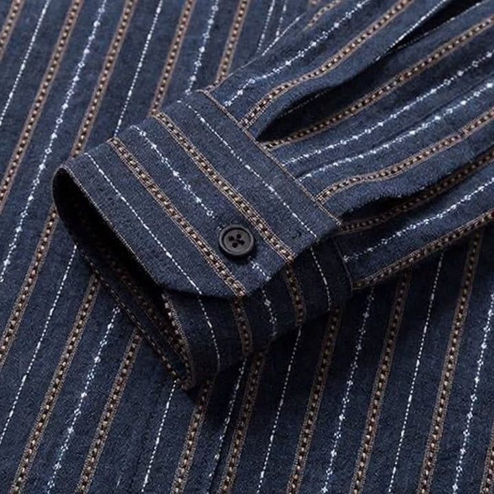 Buddha Stones Camisa de manga larga para hombre de algodón a rayas, estilo casual vintage, con botones y bolsillo de parche. - image 6