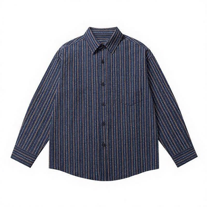 Buddha Stones Camisa de manga larga para hombre de algodón a rayas, estilo casual vintage, con botones y bolsillo de parche. - image 2