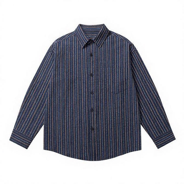 Buddha Stones Camisa de manga larga para hombre de algodón a rayas, estilo casual vintage, con botones y bolsillo de parche. - image 2