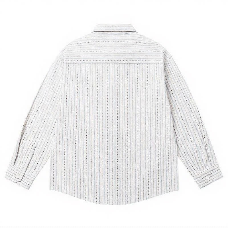Buddha Stones Camisa de manga larga para hombre de algodón a rayas, estilo casual vintage, con botones y bolsillo de parche. - image 15