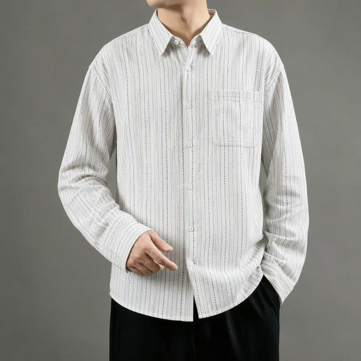 Buddha Stones Camisa de manga larga para hombre de algodón a rayas, estilo casual vintage, con botones y bolsillo de parche. - image 13