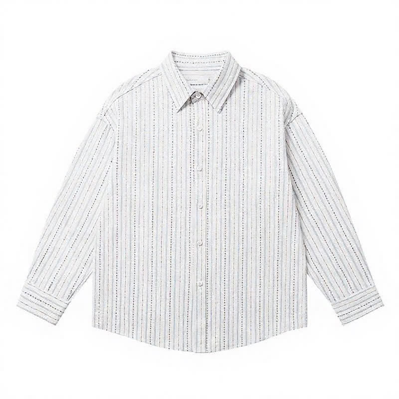 Buddha Stones Camisa de manga larga para hombre de algodón a rayas, estilo casual vintage, con botones y bolsillo de parche. - image 14