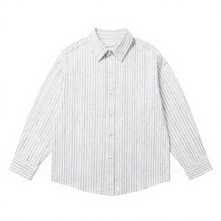 Buddha Stones Camisa de manga larga para hombre de algodón a rayas, estilo casual vintage, con botones y bolsillo de parche. - image 14