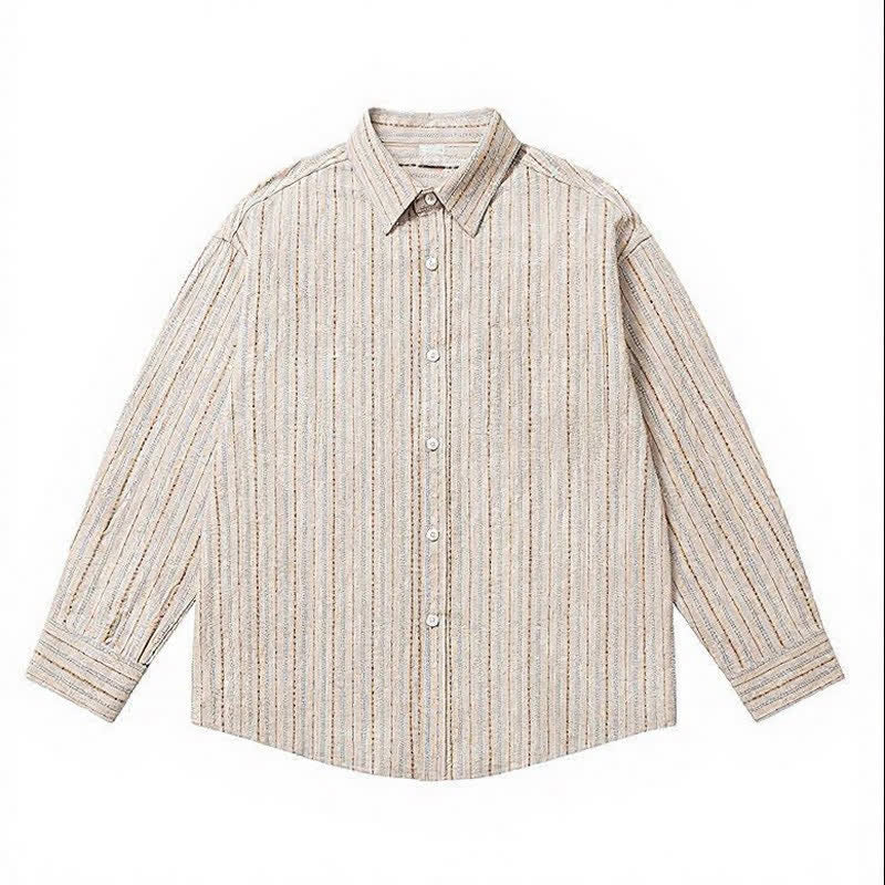 Buddha Stones Camisa de manga larga para hombre de algodón a rayas, estilo casual vintage, con botones y bolsillo de parche. - image 10