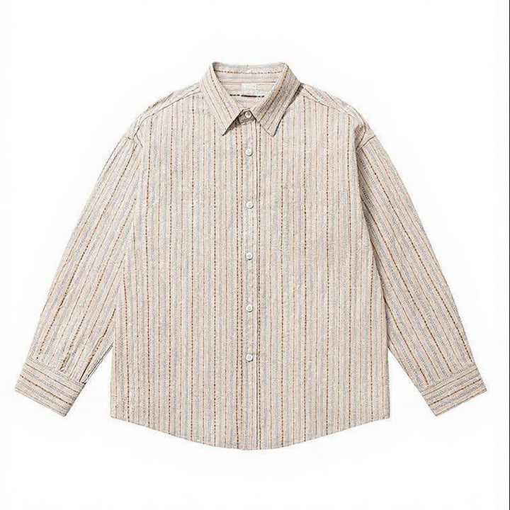 Buddha Stones Camisa de manga larga para hombre de algodón a rayas, estilo casual vintage, con botones y bolsillo de parche. - image 10