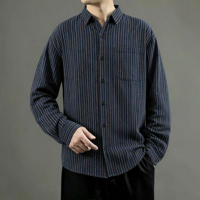 Buddha Stones Camisa de manga larga para hombre de algodón a rayas, estilo casual vintage, con botones y bolsillo de parche. - image 1