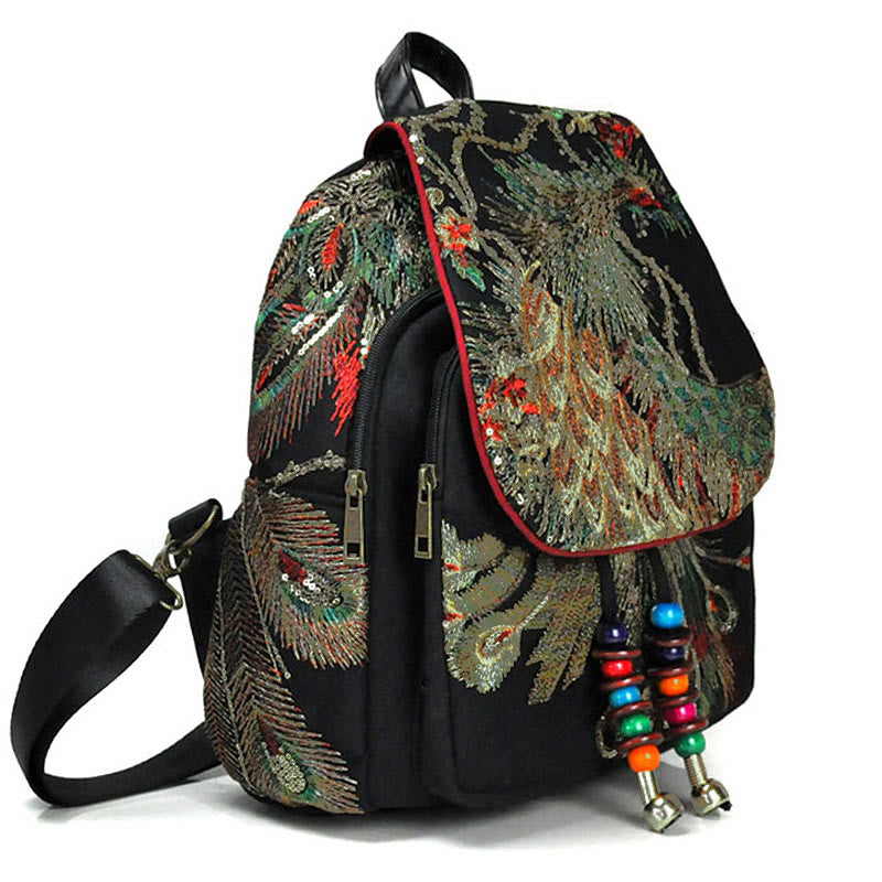 Mochila con borlas de lona con bordado de pavo real - image 2