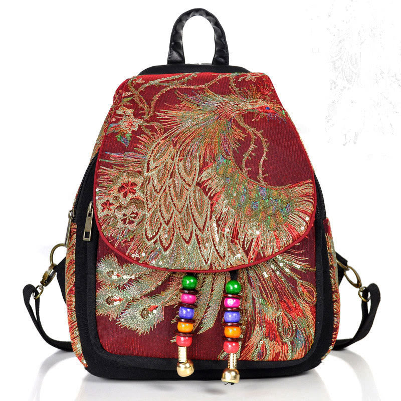 Mochila con borlas de lona con bordado de pavo real - Pavo real rojo vino - image 18