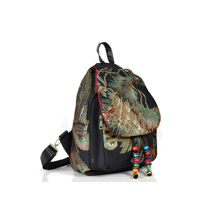 Mochila con borlas de lona con bordado de pavo real - image 9