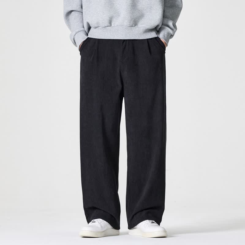 Buddha Stones Pantalones largos de pana plisados ​​de estilo vintage para hombre, estilo casual de otoño/invierno, de pierna recta y con bolsillos. - image 4