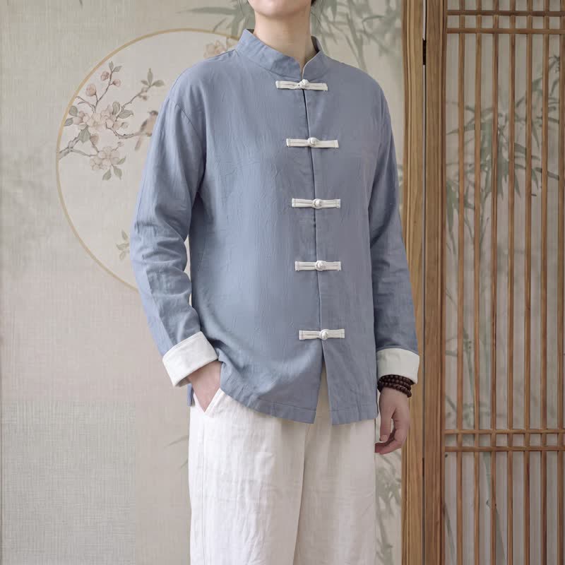 Buddha Stones Camisas de manga larga de algodón liso para mujer, estilo Tang minimalista, con cuello mandarín y botones de rana, ideales para primavera y otoño. - Gris pizarra claro - US16, UK/AU20, EU48 (5XL) - image 2
