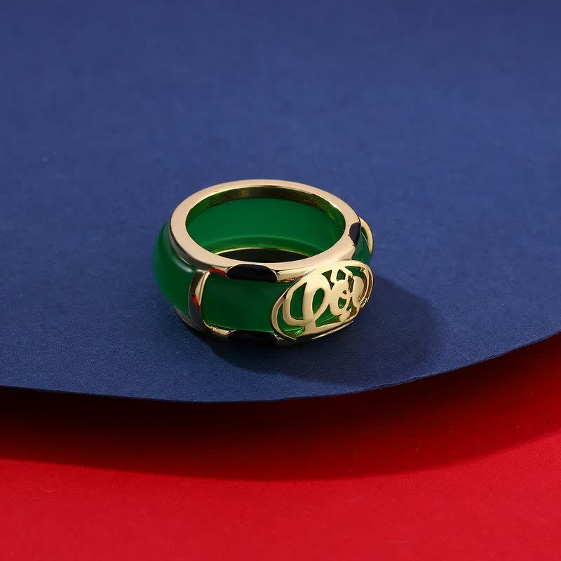Buddha Stones Anillo vintage de jade verde con diseño de personaje Fu - image 3