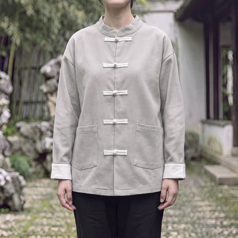Buddha Stones Chaquetas de mujer de estilo Tang vintage con cuello mandarín, botones de rana y diseño liso, ideales para otoño e invierno. - Gainsboro - US16, UK/AU20, EU48 (5XL) - image 9
