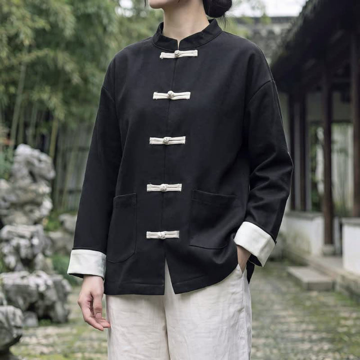 Buddha Stones Chaquetas de mujer de estilo Tang vintage con cuello mandarín, botones de rana y diseño liso, ideales para otoño e invierno. - Negro - US16, UK/AU20, EU48 (5XL) - image 6