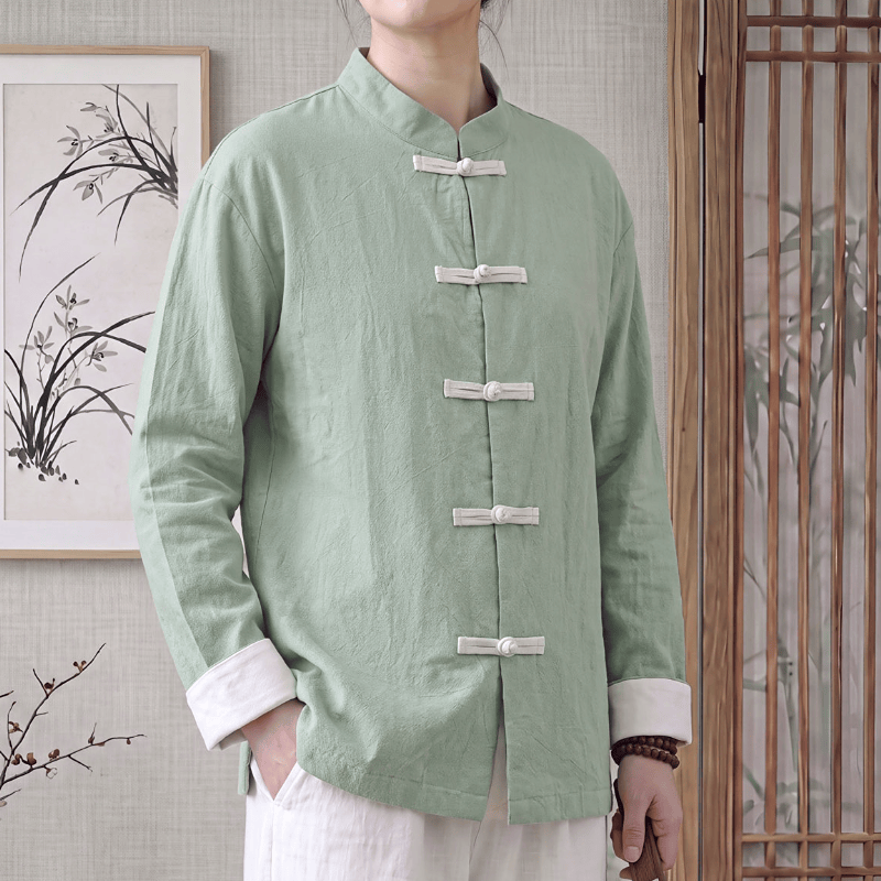 Buddha Stones Camisas de manga larga de algodón liso para mujer, estilo Tang minimalista, con cuello mandarín y botones de rana, ideales para primavera y otoño. - Verde pálido - US16, UK/AU20, EU48 (5XL) - image 0