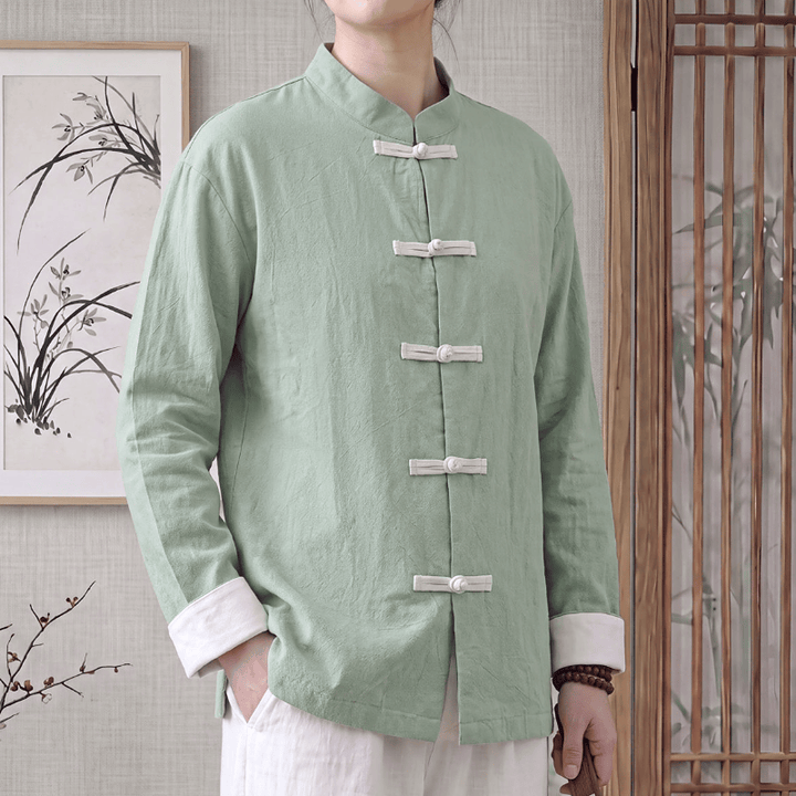 Buddha Stones Camisas de manga larga de algodón liso para mujer, estilo Tang minimalista, con cuello mandarín y botones de rana, ideales para primavera y otoño. - Verde pálido - US16, UK/AU20, EU48 (5XL) - image 0