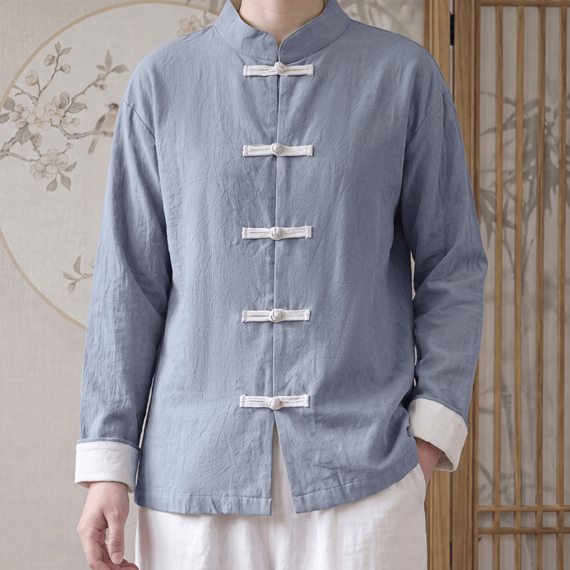 Buddha Stones Camisas de manga larga de algodón liso para mujer, estilo Tang minimalista, con cuello mandarín y botones de rana, ideales para primavera y otoño. - image 3