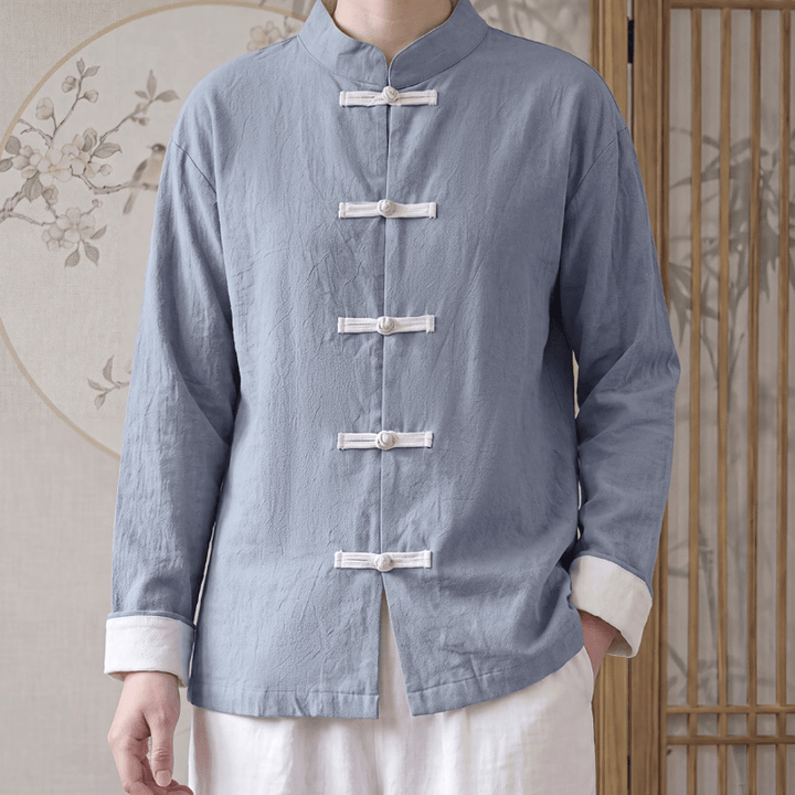 Buddha Stones Camisas de manga larga de algodón liso para mujer, estilo Tang minimalista, con cuello mandarín y botones de rana, ideales para primavera y otoño. - image 3