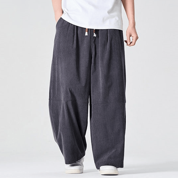 Buddha Stones Pantalones largos de pana lisos con cordón ajustable para hombre, estilo casual de otoño/invierno, pierna recta y bolsillo. - Gris oscuro - US/UK/AU46, EU56 (5XL) - image 10