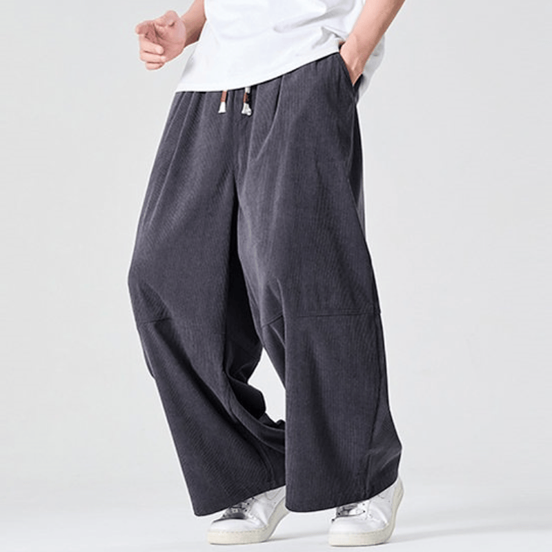 Buddha Stones Pantalones largos de pana lisos con cordón ajustable para hombre, estilo casual de otoño/invierno, pierna recta y bolsillo. - image 11
