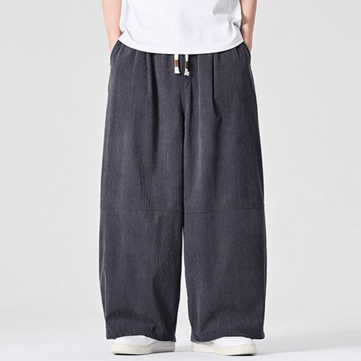 Buddha Stones Pantalones largos de pana lisos con cordón ajustable para hombre, estilo casual de otoño/invierno, pierna recta y bolsillo. - image 12