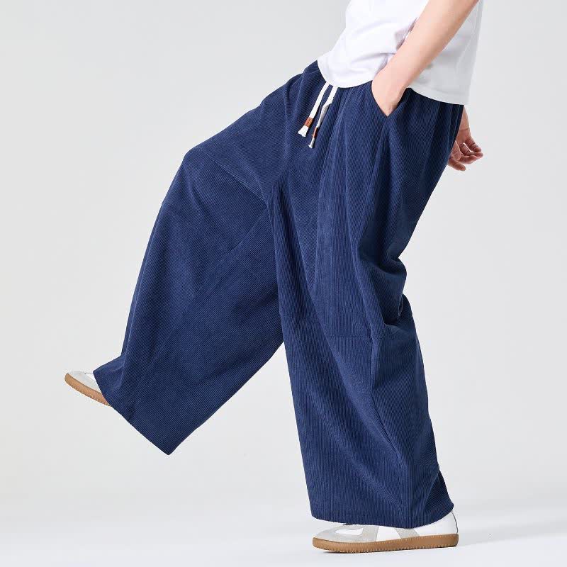 Buddha Stones Pantalones largos de pana lisos con cordón ajustable para hombre, estilo casual de otoño/invierno, pierna recta y bolsillo. - Marina de guerra - US/UK/AU46, EU56 (5XL) - image 0