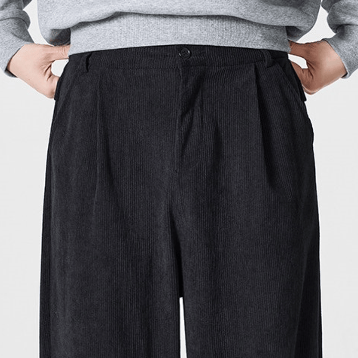 Buddha Stones Pantalones largos de pana plisados ​​de estilo vintage para hombre, estilo casual de otoño/invierno, de pierna recta y con bolsillos. - image 5