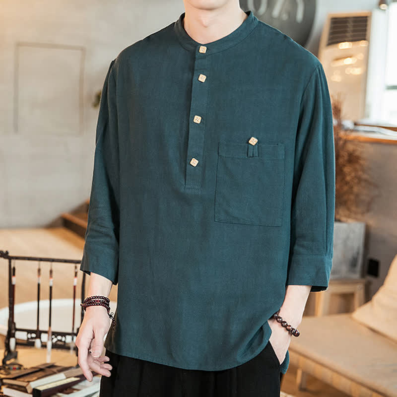 Buddha Stones Camisas de manga larga para hombre de estilo casual Tang con cuello mandarín y bolsillo de parche, ideales para primavera y verano. - Gris pizarra oscuro - US/UK/AU46, EU56 (5XL) - image 0