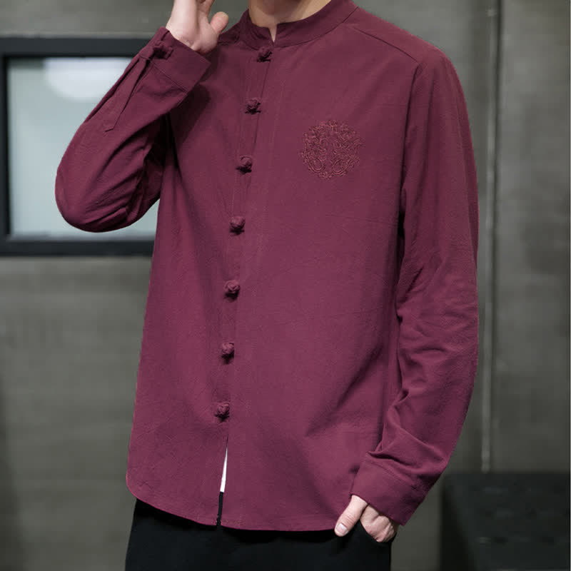 Buddha Stones Camisas de manga larga para hombre, estilo Tang, informales, con bordado de botones de rana, ideales para primavera y otoño. - image 1
