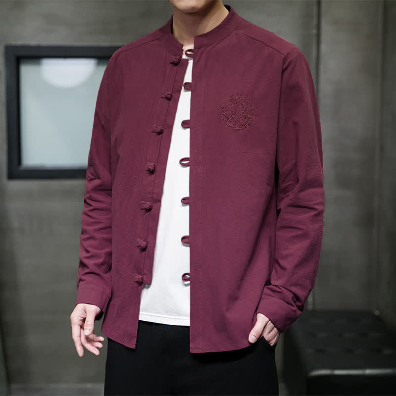 Buddha Stones Camisas de manga larga para hombre, estilo Tang, informales, con bordado de botones de rana, ideales para primavera y otoño. - Rojo violeta medio - US/UK/AU46, EU56 (5XL) - image 0