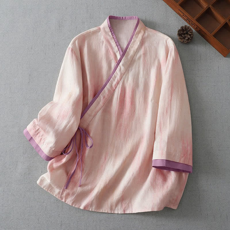 Buddha Stones Camisa de manga tres cuartos para mujer, estilo retro Tang, con cordón ajustable, color rosa claro y estampado tie-dye, ideal para primavera y otoño. - Rosa Misty - US8-10, UK/AU12-14, EU40-42 (2XL) - image 0