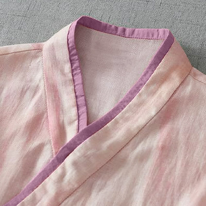 Buddha Stones Camisa de manga tres cuartos para mujer, estilo retro Tang, con cordón ajustable, color rosa claro y estampado tie-dye, ideal para primavera y otoño. - image 2