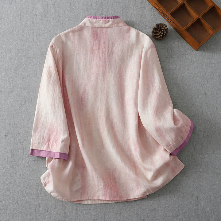 Buddha Stones Camisa de manga tres cuartos para mujer, estilo retro Tang, con cordón ajustable, color rosa claro y estampado tie-dye, ideal para primavera y otoño. - image 1