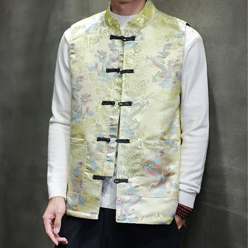 Buddha Stones Chaleco para hombre con cuello mandarín, diseño de dragón y fénix, ideal para otoño/invierno. - Amarillo dorado claro - US/UK/AU46, EU56 (5XL) - image 0