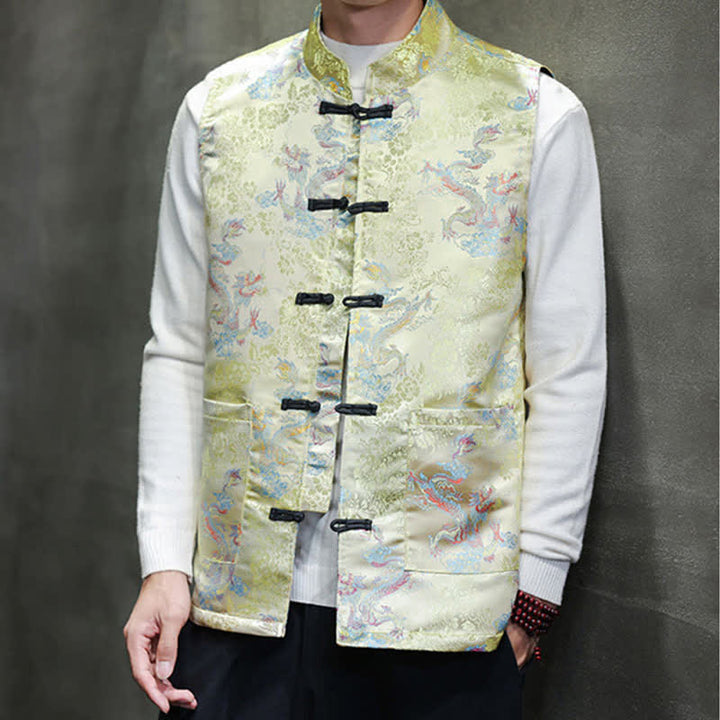 Buddha Stones Chaleco para hombre con cuello mandarín, diseño de dragón y fénix, ideal para otoño/invierno. - Amarillo dorado claro - US/UK/AU46, EU56 (5XL) - image 0
