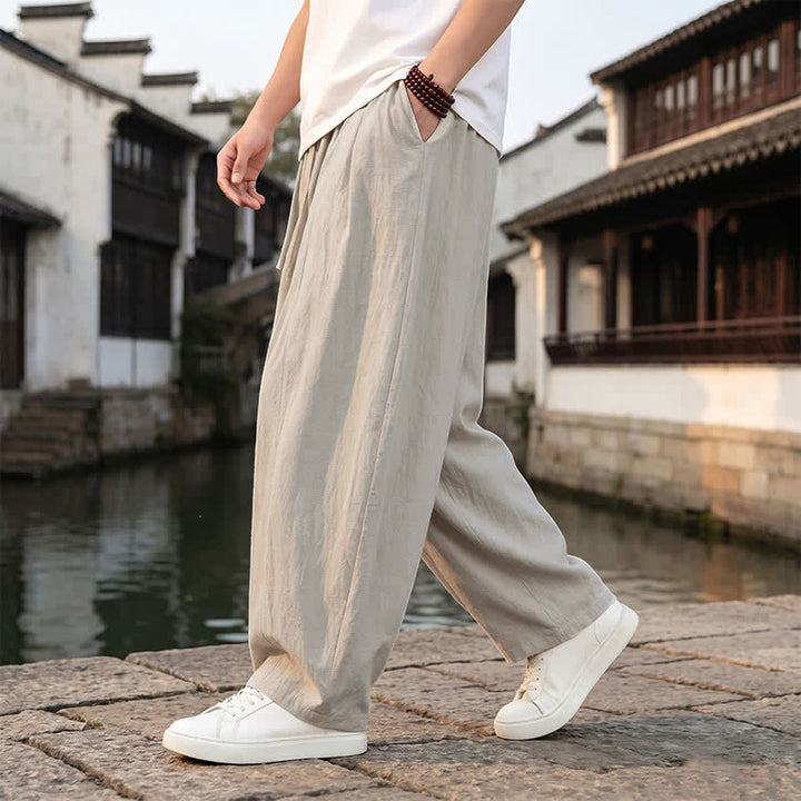 Buddha Stones Pantalones tobilleros lisos de corte recto con cordón ajustable, estilo retro, para hombre, ideales para primavera y verano. - image 9
