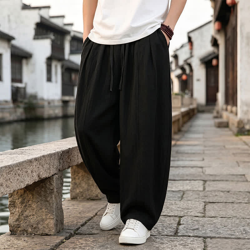 Buddha Stones Pantalones tobilleros lisos de corte recto con cordón ajustable, estilo retro, para hombre, ideales para primavera y verano. - image 4