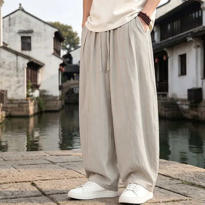 Buddha Stones Pantalones tobilleros lisos de corte recto con cordón ajustable, estilo retro, para hombre, ideales para primavera y verano. - image 8