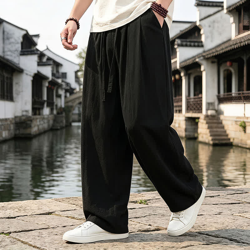 Buddha Stones Pantalones tobilleros lisos de corte recto con cordón ajustable, estilo retro, para hombre, ideales para primavera y verano. - image 5