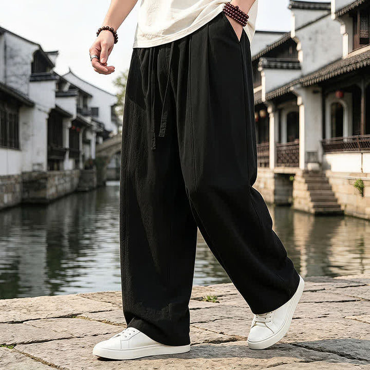 Buddha Stones Pantalones tobilleros lisos de corte recto con cordón ajustable, estilo retro, para hombre, ideales para primavera y verano. - image 5