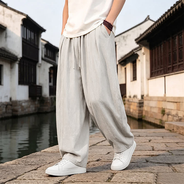 Buddha Stones Pantalones tobilleros lisos de corte recto con cordón ajustable, estilo retro, para hombre, ideales para primavera y verano. - image 7
