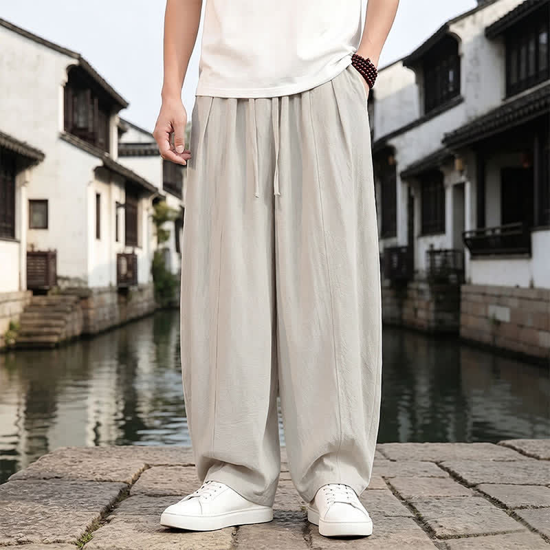 Buddha Stones Pantalones tobilleros lisos de corte recto con cordón ajustable, estilo retro, para hombre, ideales para primavera y verano. - Lino - US/UK/AU46, EU56 (5XL) - image 6
