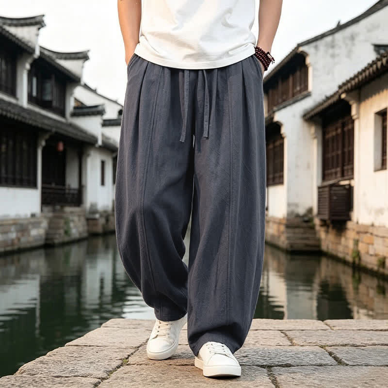 Buddha Stones Pantalones tobilleros lisos de corte recto con cordón ajustable, estilo retro, para hombre, ideales para primavera y verano. - image 1