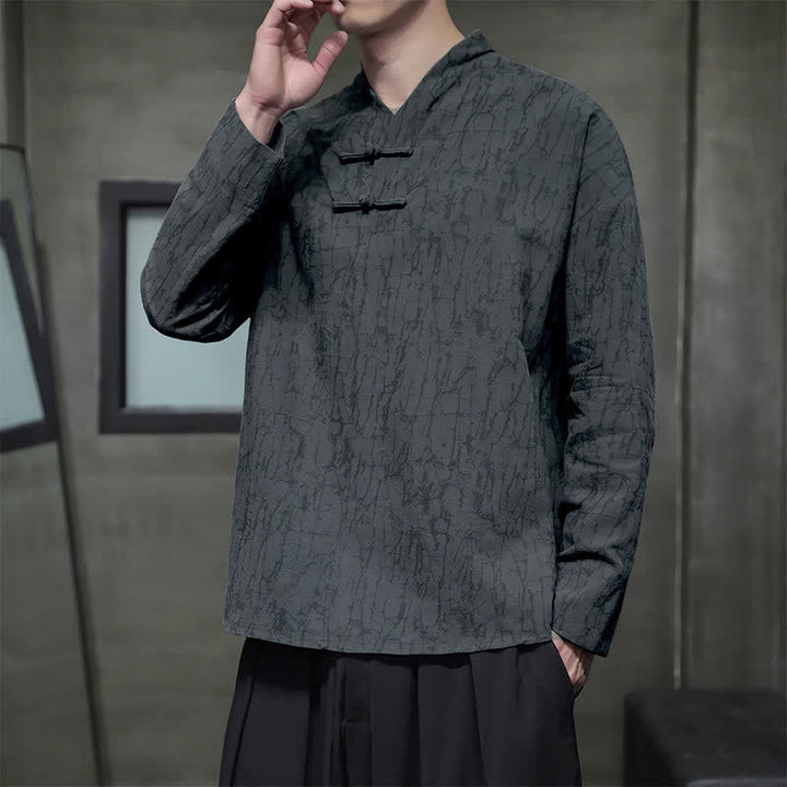 Buddha Stones Camisas de manga larga para hombre de estilo vintage Spring Tang con cuello mandarín y botones de rana. - image 2