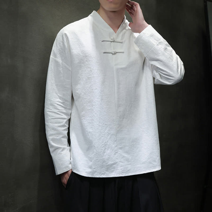 Buddha Stones Camisas de manga larga para hombre de estilo vintage Spring Tang con cuello mandarín y botones de rana. - image 19