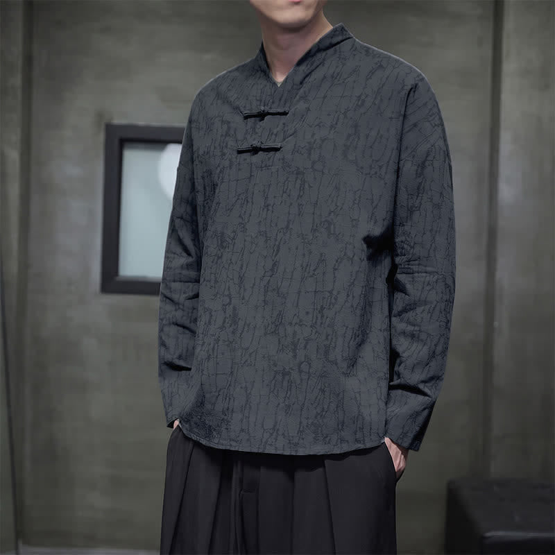Buddha Stones Camisas de manga larga para hombre de estilo vintage Spring Tang con cuello mandarín y botones de rana. - image 6