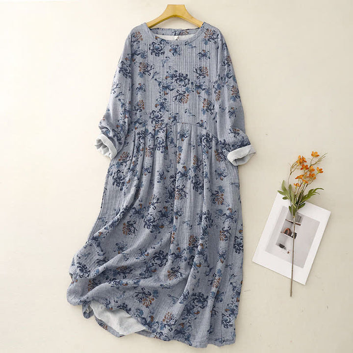 Buddha Stones Vestido de manga larga para mujer, estilo bohemio informal con cordón ajustable, estampado floral y cuello redondo, ideal para primavera y otoño. - Azul acero claro - US14, UK/AU18, EU46 (2XL) - image 10