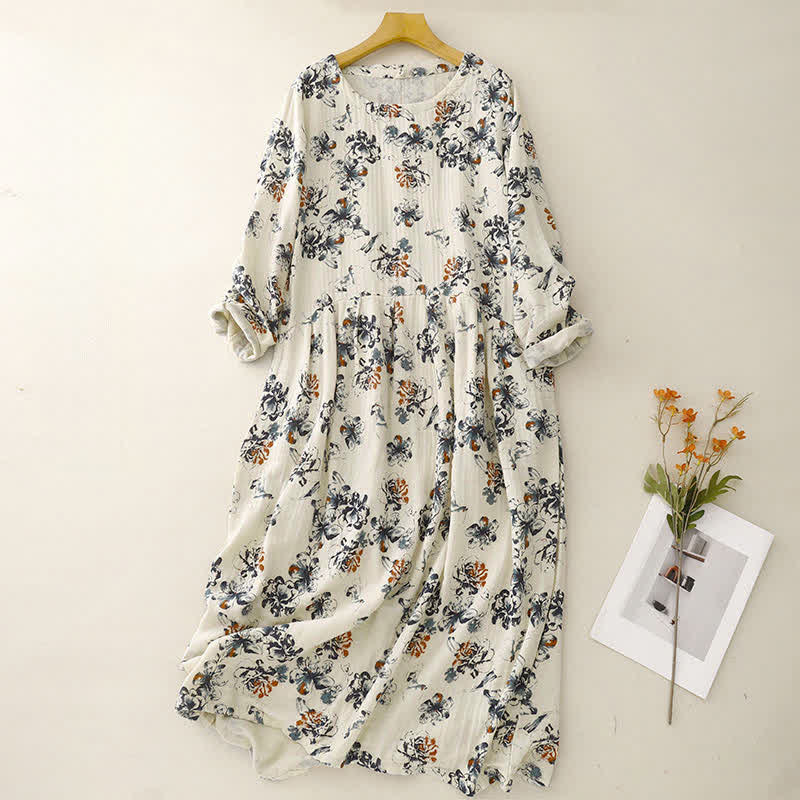 Buddha Stones Vestido de manga larga para mujer, estilo bohemio informal con cordón ajustable, estampado floral y cuello redondo, ideal para primavera y otoño. - Beige - US14, UK/AU18, EU46 (2XL) - image 0