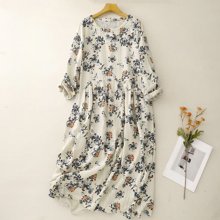 Buddha Stones Vestido de manga larga para mujer, estilo bohemio informal con cordón ajustable, estampado floral y cuello redondo, ideal para primavera y otoño. - Beige - US14, UK/AU18, EU46 (2XL) - image 0